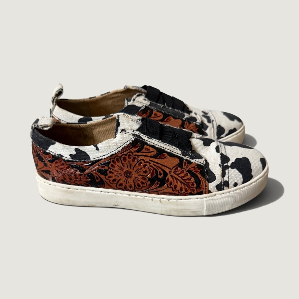 MIA Cow Print Tooled Floral Western Slip On Sneakers Black White Tan Size 7